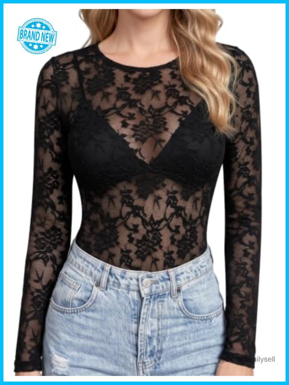 Womens Floral Lace Long Sleeve Sheer Mesh Fitted Club Party Top